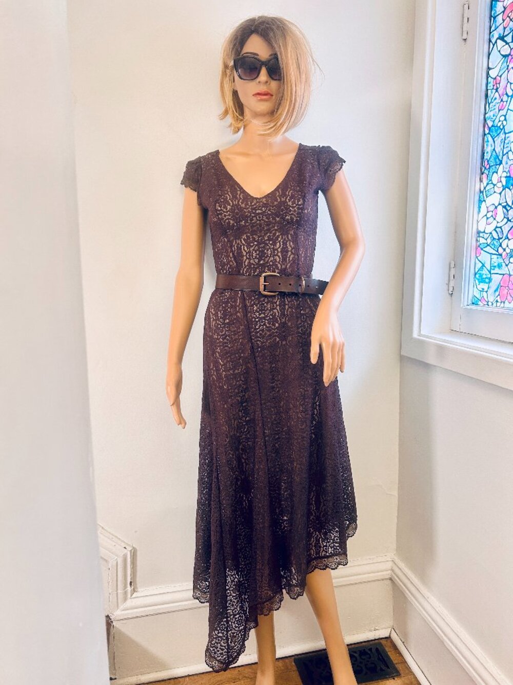 Y2K Parisian chic, feminine, romantic, Maje Asymmetrical Brown Lace Dress